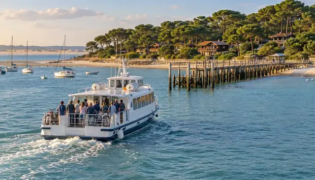Navette de passagers traversant le Bassin d'Arcachon vers une longue jetée en bois bordée de pins