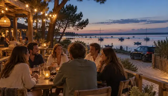 Amis attablés sur une terrasse éclairée de guirlandes au bord du Bassin d'Arcachon, à la tombée de la nuit