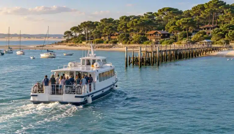 Navette de passagers traversant le Bassin d'Arcachon vers une longue jetée en bois bordée de pins