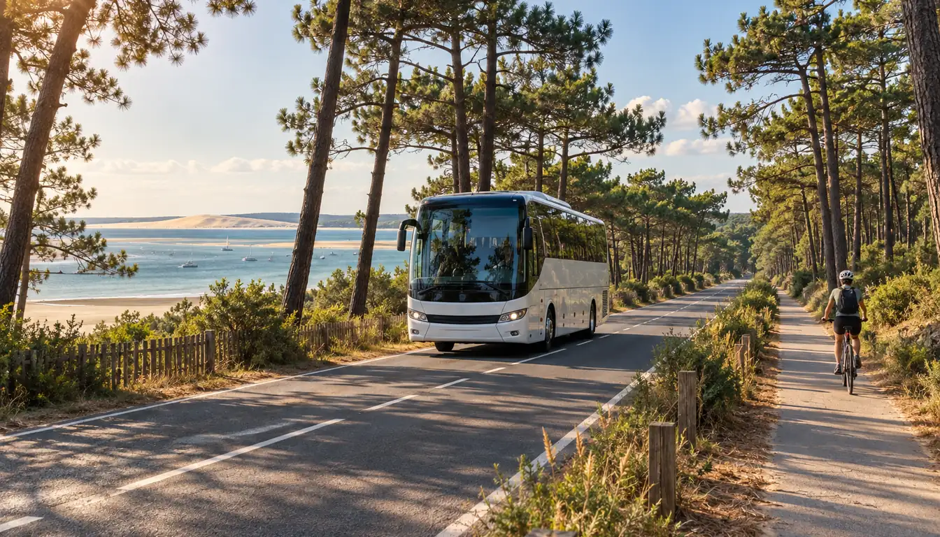 Car régional roulant sur une route bordée de pins, avec une piste cyclable parallèle et le Bassin en arrière-plan