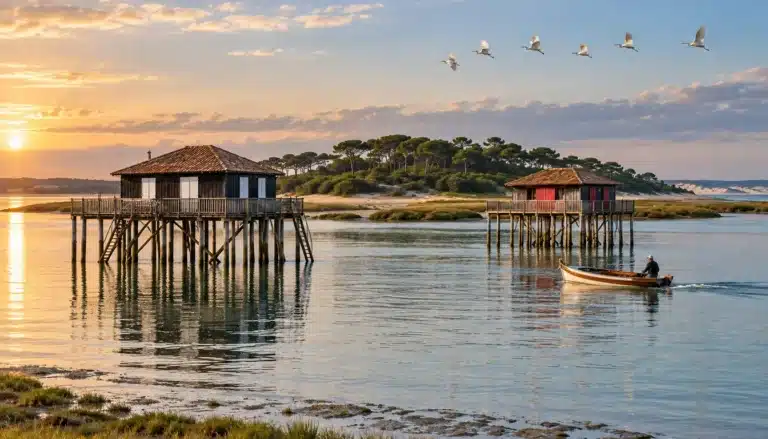 Deux cabanes en bois sur pilotis dans l'eau calme du Bassin d'Arcachon, face à l'île aux Oiseaux, au coucher du soleil
