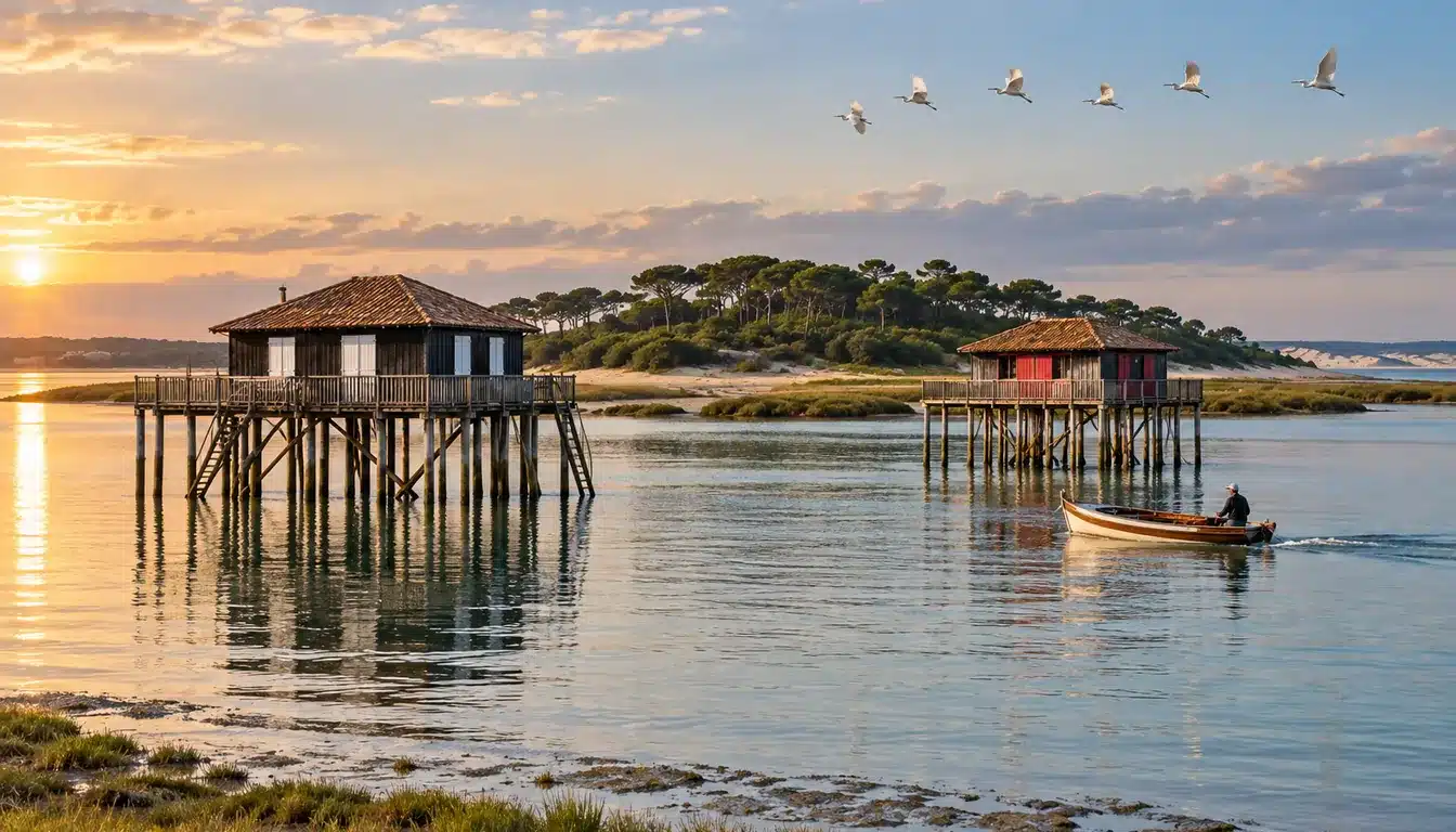 Deux cabanes en bois sur pilotis dans l'eau calme du Bassin d'Arcachon, face à l'île aux Oiseaux, au coucher du soleil