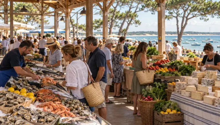 Étals d'huîtres, de fruits de mer, de légumes et de fromages sous la halle d'un marché en bord de Bassin