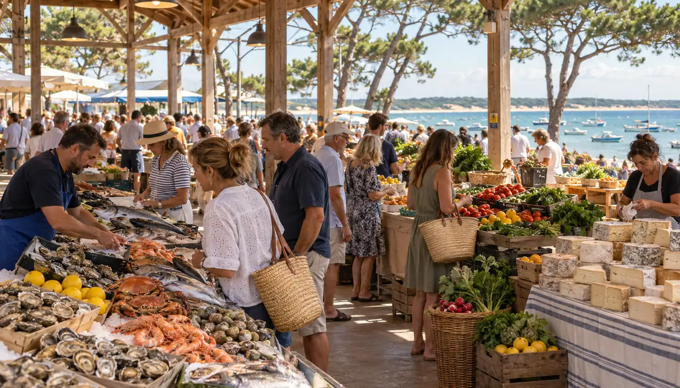 Étals d'huîtres, de fruits de mer, de légumes et de fromages sous la halle d'un marché en bord de Bassin