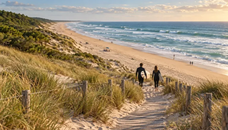 Plage océane du Cap Ferret vue depuis le chemin d'accès dans la dune, surfeurs marchant vers les vagues