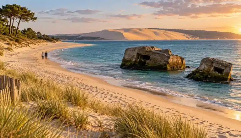 La pointe du Cap Ferret au coucher du soleil : plage de sable, blockhaus dans l'eau et dune du Pilat en face