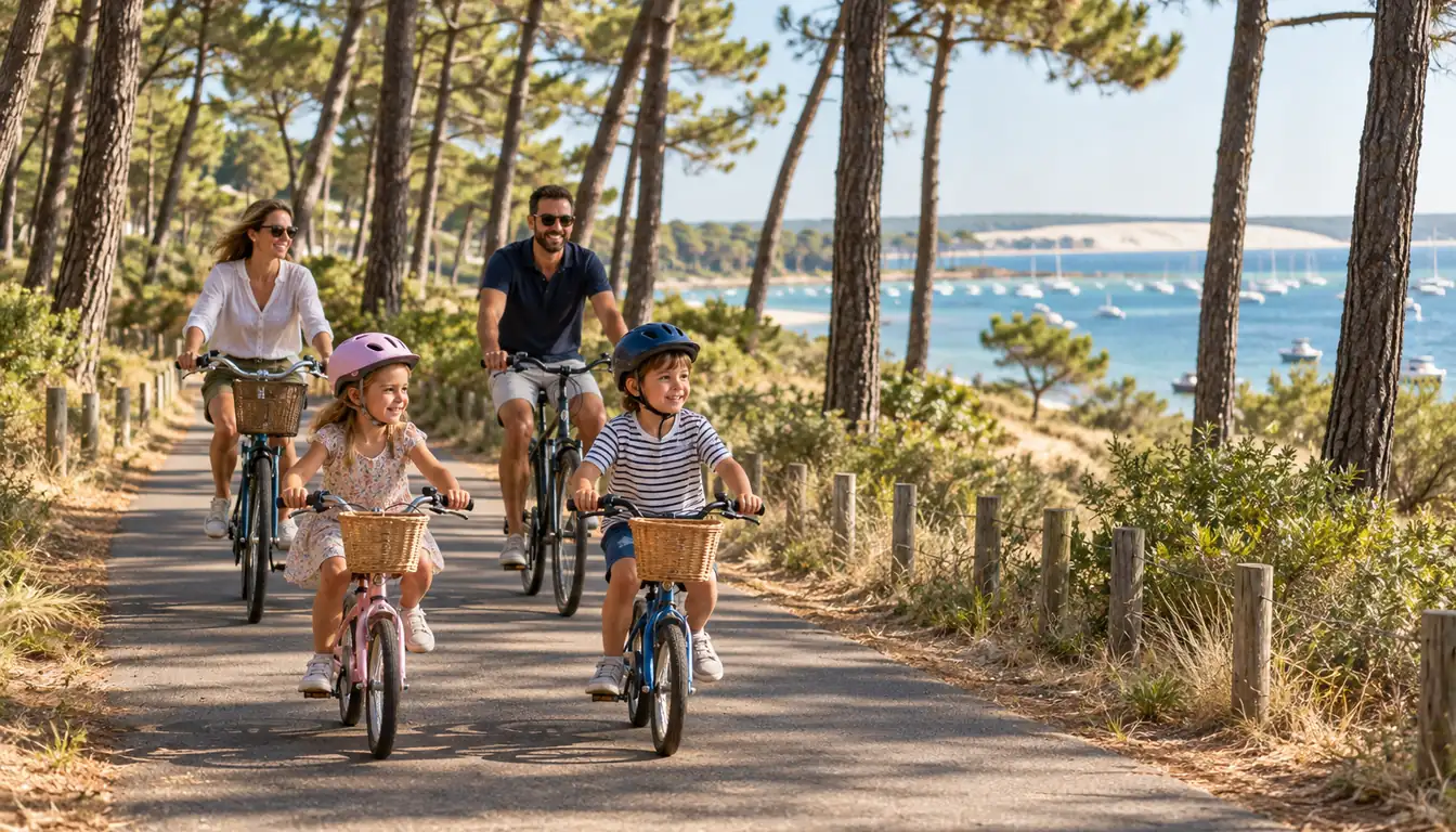 Famille à vélo sur une piste cyclable dans la forêt de pins, avec le Bassin d'Arcachon entre les arbres