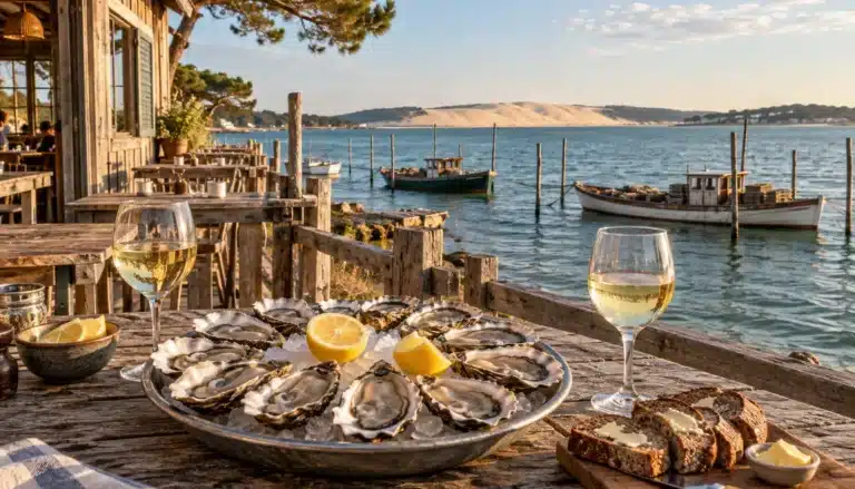 Plateau d'huîtres, pain de seigle et verres de vin blanc sur la terrasse d'une cabane au bord du Bassin d'Arcachon