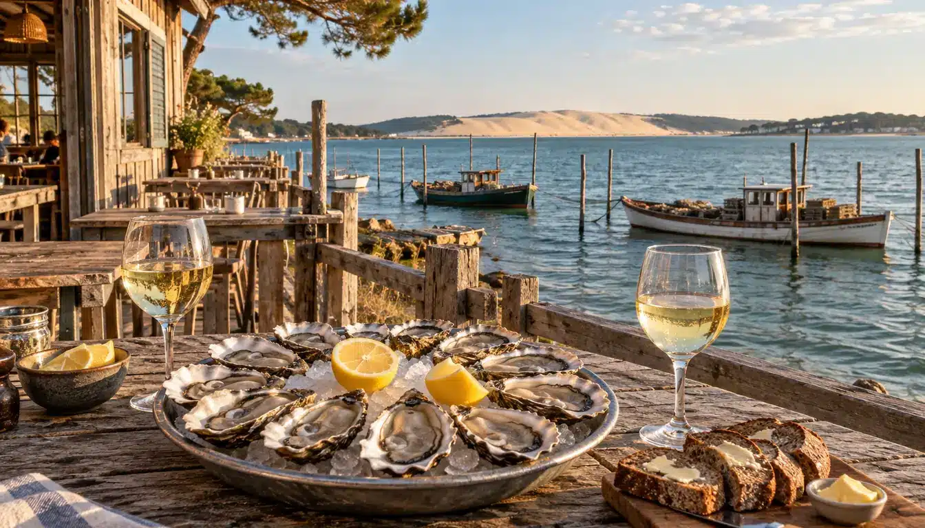 Plateau d'huîtres, pain de seigle et verres de vin blanc sur la terrasse d'une cabane au bord du Bassin d'Arcachon